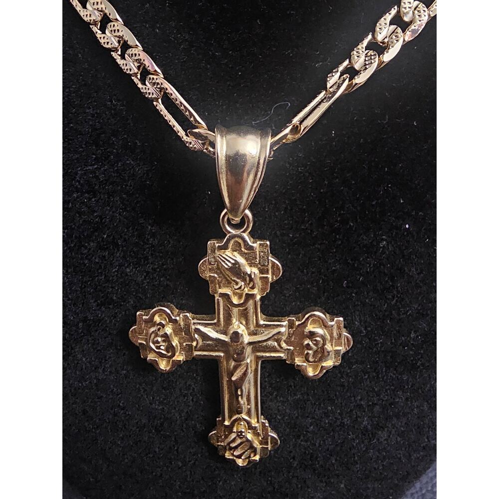 24in Gold-Plated brass-5.7mm frosted Figaro Chain w/Cross Pendant Charm - Picture 1 of 7